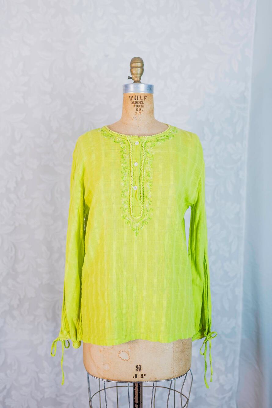 Y2K 90s ASHRO Lime Green India Cotton Gauze Top, Fairycore Boho Hippie Blouse, M